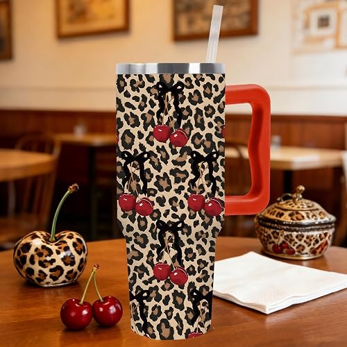 JarThenaAMCS Leopard Print Cherry Tumbler with Handle Retro Bow Cherry Cheetah Stainless Steel Cup 40oz Insulated Y2K Style Travel Mug with Lid Straw for Car Office Home Use