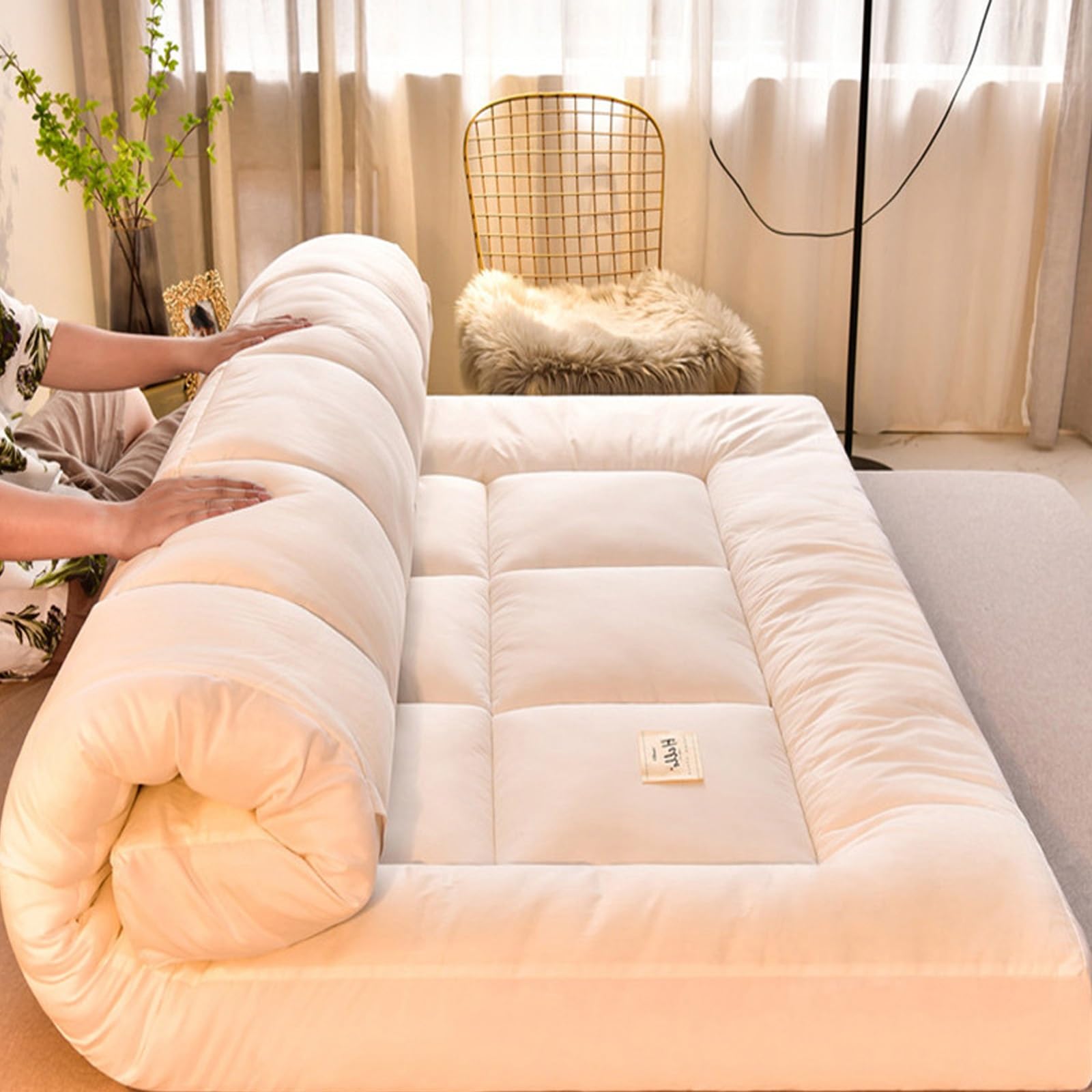 Futon Plegable Enrollable, Tatami para Dormir en Suelo, Colchoneta Japonesa para Sala de Estar, Dormitorio (White, 150x200cm)