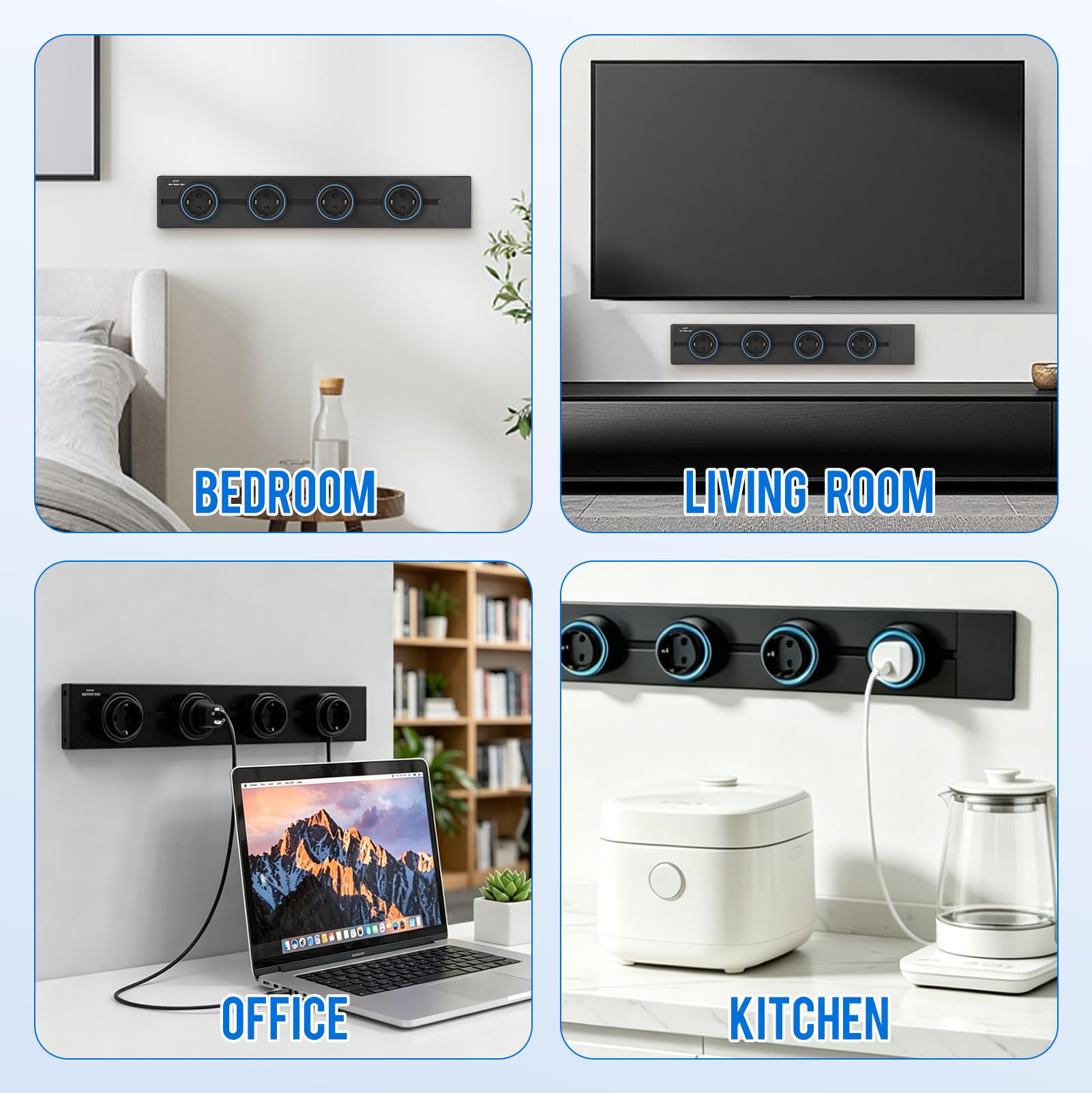 Binario Elettrico Modulare a Parete, Multipresa con 4 Prese Schuko e 2 Porte USB,Estensibile 47-67 cm, Protezione da Sovratensioni 1800J, Installazione Senza Foratura per Soggiorno, Cucina, Ufficio