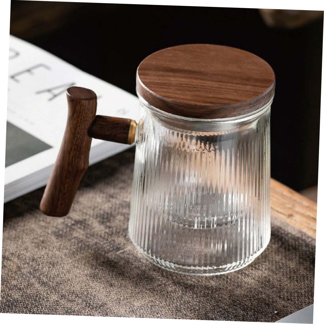 Unomor Vertical Ribbed Glass Tea Cup with Handle 380ml Tea Mug with Infuser and Wooden Lid for Loose Leaf Brewing at Home Or Office
