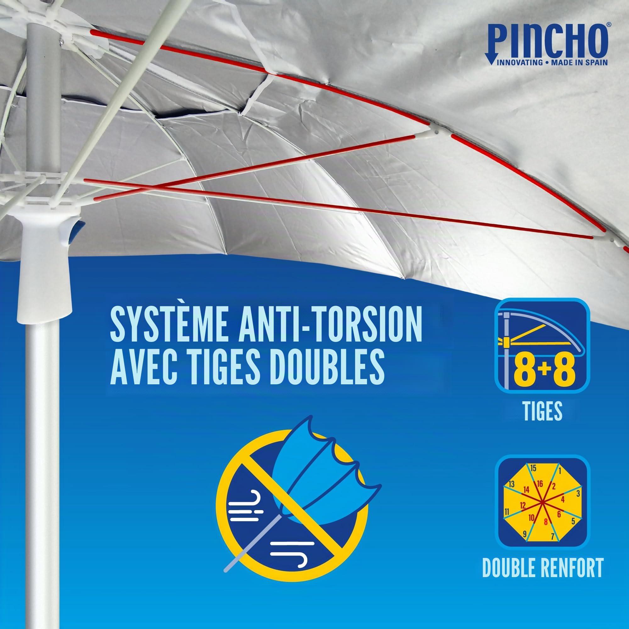 Pincho Grand parasol de plage 200 cm, anti-vent jusqu'à 35 km/h, aluminium, 8 + 8 baleines en fibre de verre, poids 1,6 kg