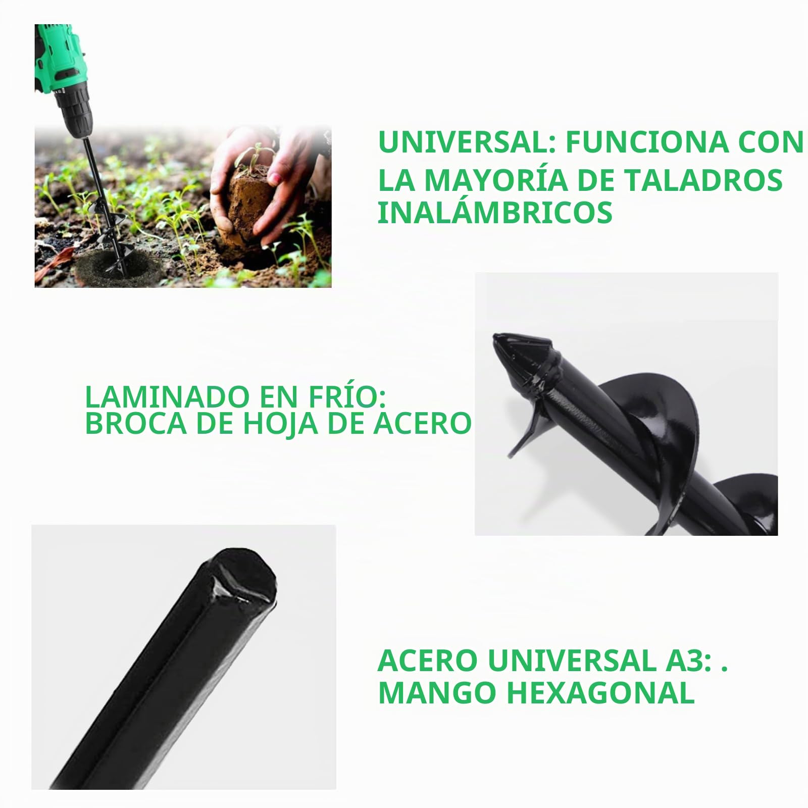 Broca de jardín para taladro, con guantes de jardín, taladro en espiral, inalámbrico, para destornillador inalámbrico (5 x 75 cm)