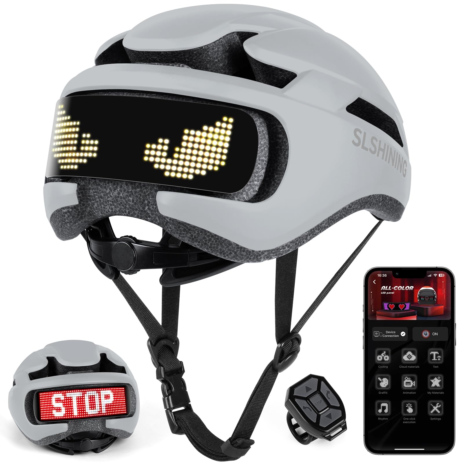 Casco LED Inteligente con Control Remoto y App,Texto y patrón DIY Personalizables,luz Intermitente,Resistente,Impermeable,Ligero,para Hombres y Mujeres Adultos,per biciclette