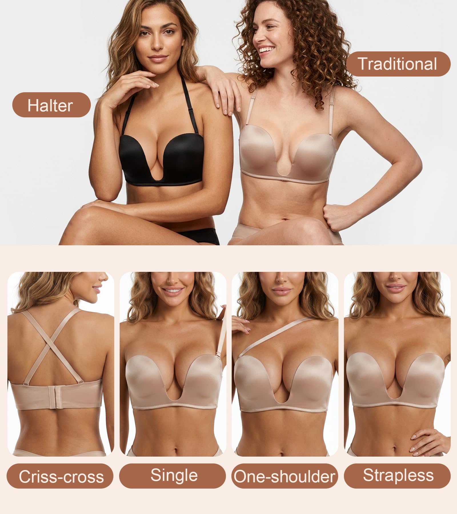 Lemorosy Soutien-gorge rembourré convertible push-up sans bretelles pour femme avec décolleté plongeant en V profond Rouge, nude, 95 B (Taille Fabricant:36B)