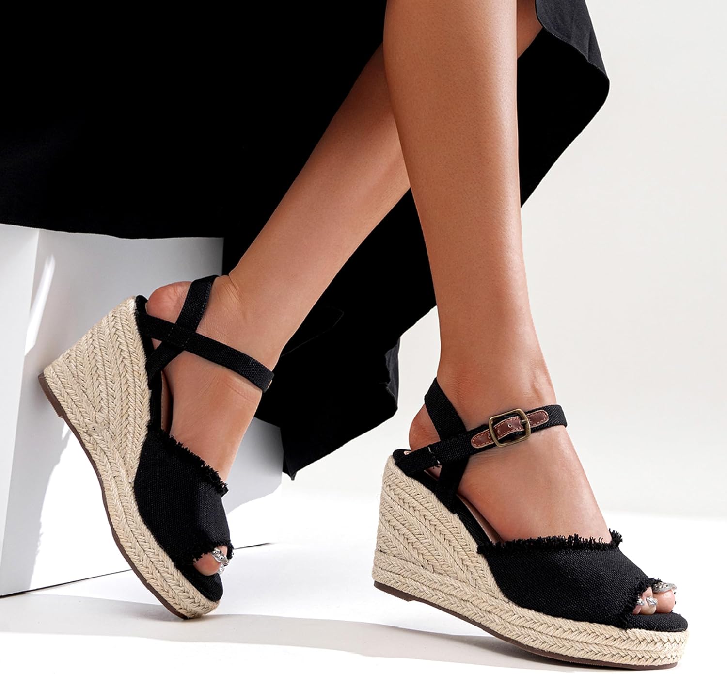 Vepose Women's 880 Wedge Sandals Peep Toe, 3.3" Inch High Heel Platform Espadrilles Sandals with Ankle Buckle - Image 3