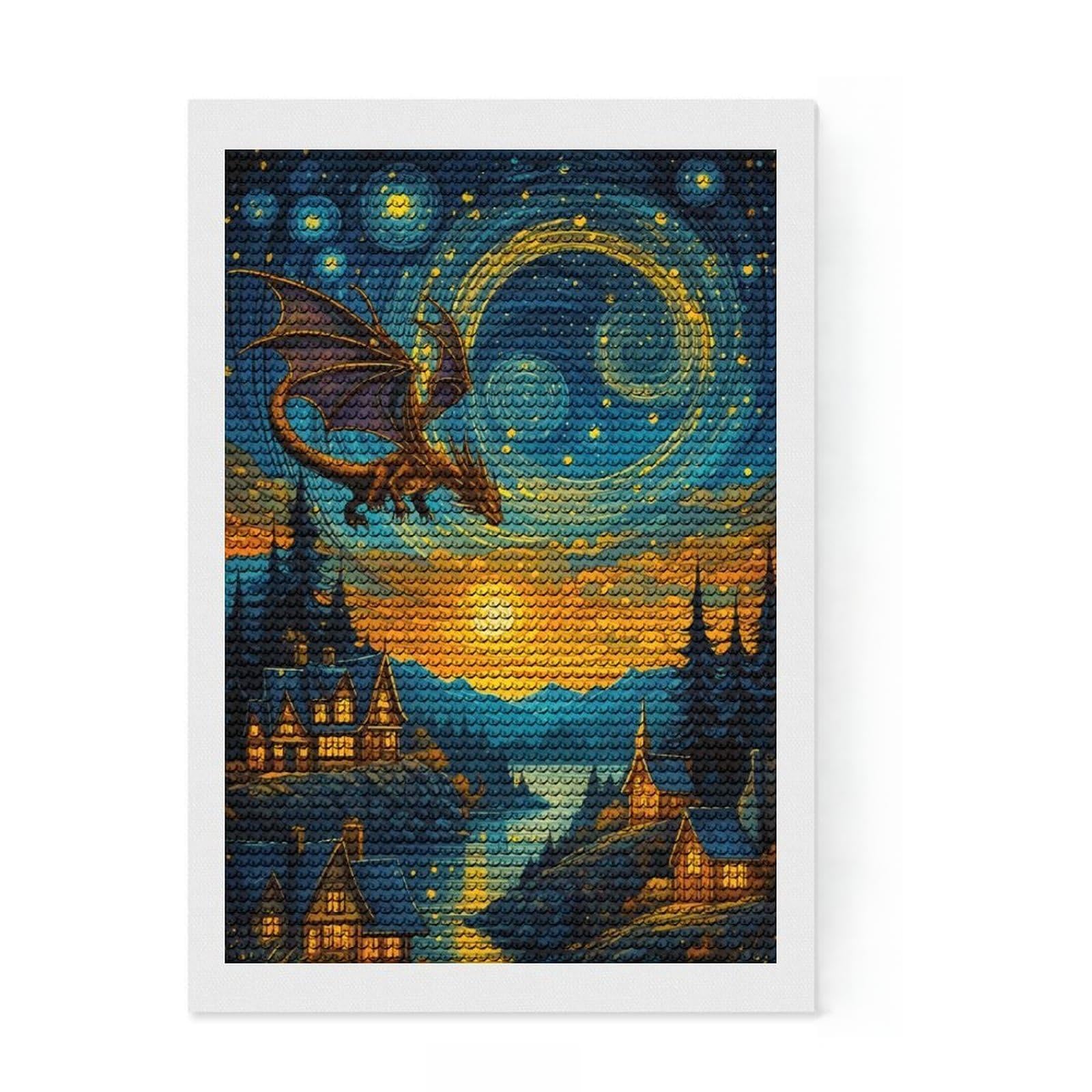 Junmoney Dragon in Starry Night Diamond Art Canvas 8"x12", for Women, Sparkling Round Gems, Gift Idea, Boho Decor, Satisfying Creative Project