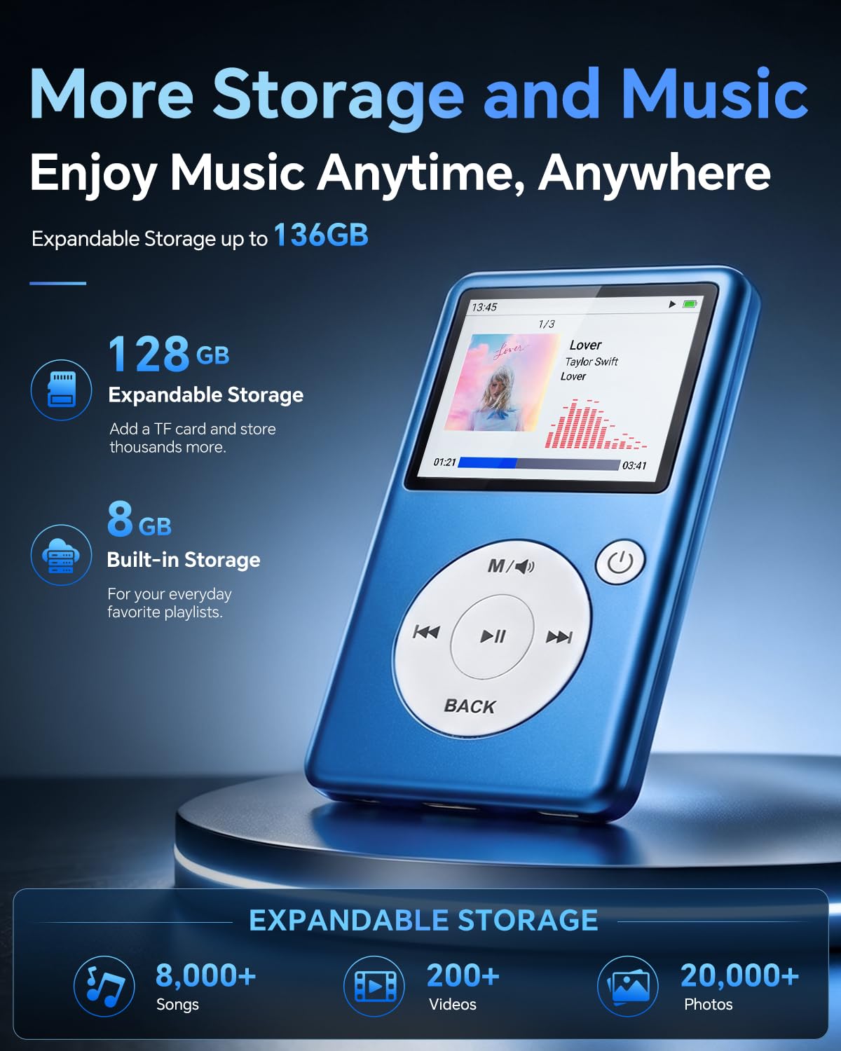 Lettore MP3 Bluetooth 5.3, audio HiFi senza perdita, schermo 2,31", memoria espandibile 128 GB, video 1080P, radio FM, e-book, registrazione, portatile per sport, studio e viaggi