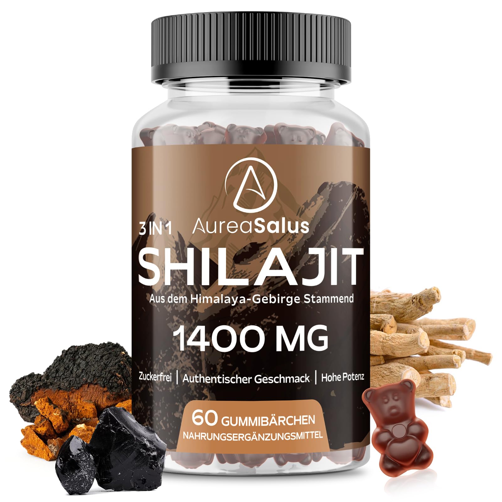 Gominolas de Shilajit 1.400 mg/día (extracto 20:1), con Ashwagandha y Chaga, 5% ácido fúlvico, veganas, sin azúcar ni aditivos, 60 unidades aptas para hombres y mujeres