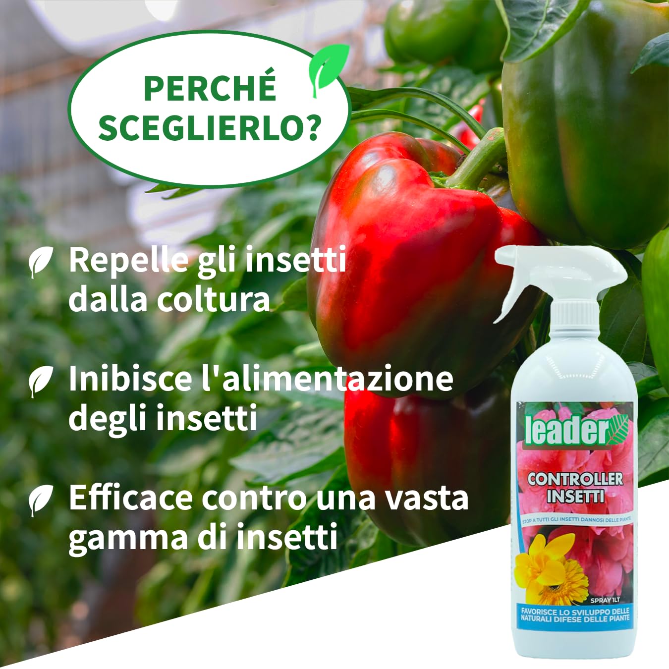 LEADER, Controller Insetti, Contiene Estratti Vegetali, Svolge un Effetto Repellente Contro gli Insetti Dannosi e Favorisce lo Sviluppo delle Difese delle Piante, Ampio Spettro d'Azione, Formato da 1L