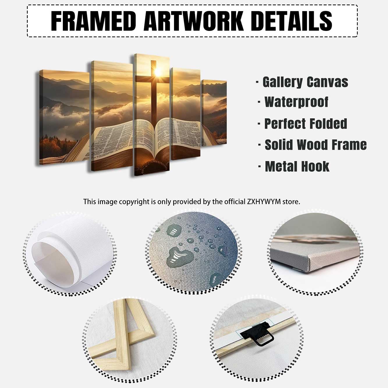 ZXHYWYM 5 Stück christliche Bilder Jesus Bibel und Kreuz Gemälde Sonnenaufgang Landschaft Leinwanddrucke religiöse Schrift Poster Wohnzimmer Büro Dekoration ((55L x 100B cm))