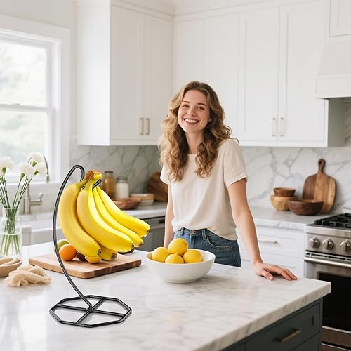 Miniatura 9 de Paquete de 2 colgadores de plátano, soporte de metal para plátano, soporte para plátanos, soporta hasta 15 libras de plátano o uva, estante para