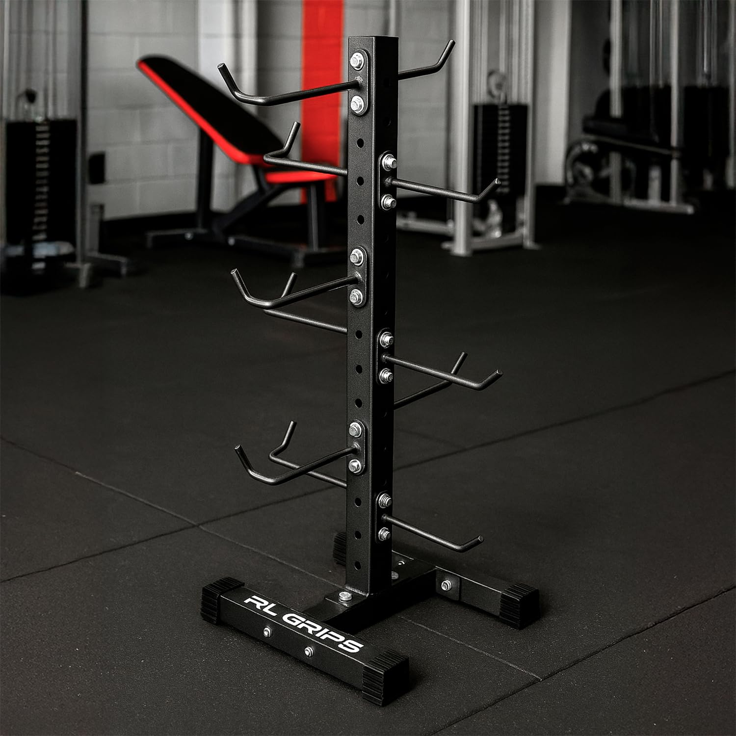 RL Grips - Rack de Almacenamiento para Agarres de Poleas de Gimnasio – Soporte para Agarres Gym Modular y Vertical – Soporte de Suelo con 12 Ganchos Ajustables Compatibles con Todo Tipo de Manerales