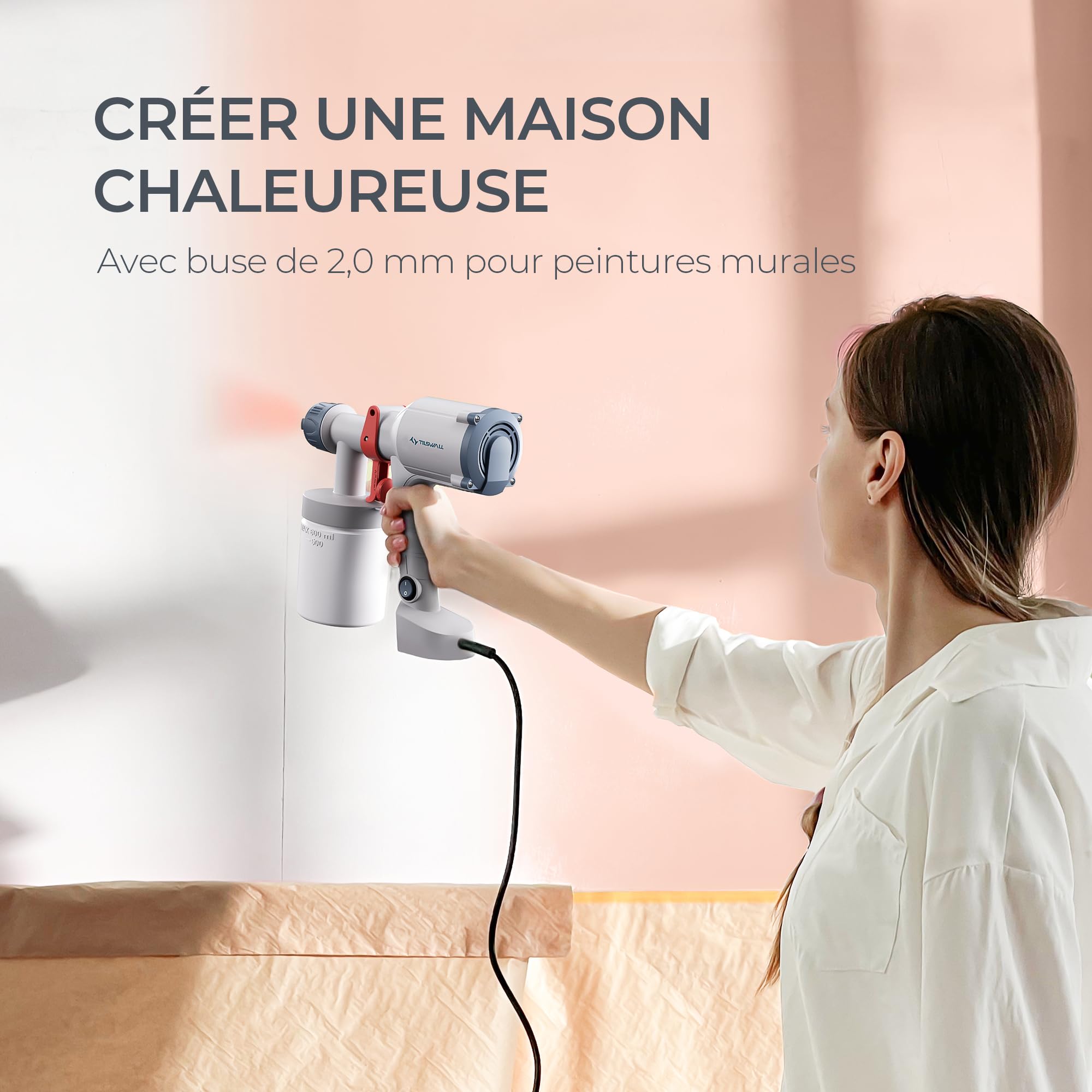 Tilswall Pistolet a Peinture Électrique Filaire Réservoir 600ml | Pistolet a peinture mur et plafond, buses 1.5/2mm, kit entretien, ultra-léger lavable et facile à nettoyer, paint spray gun