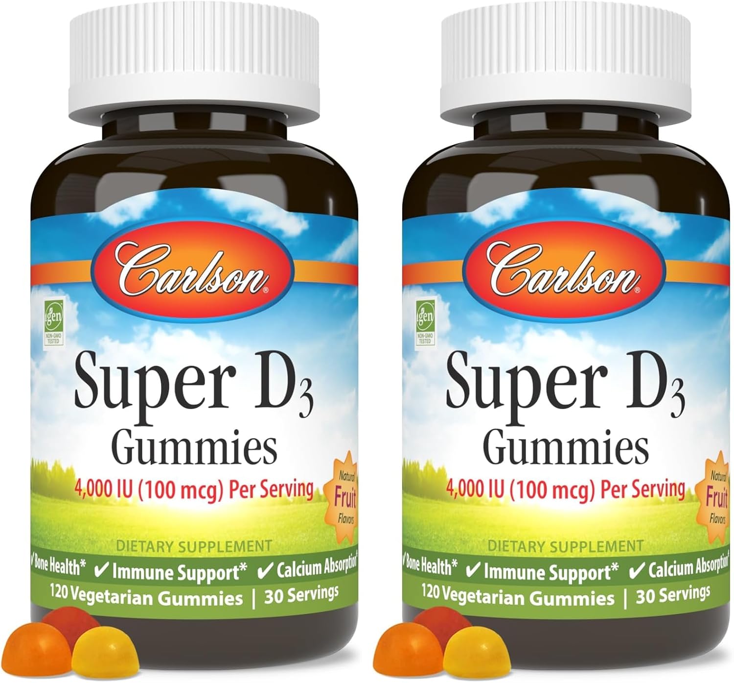 Carlson - Super D3 Gummies 4,000 IU (100 mcg), Bone Health, Immune Support & Calcium Absorption, Natural Fruit Flavors, 120 Vegetarian Gummies (Pack of 2)