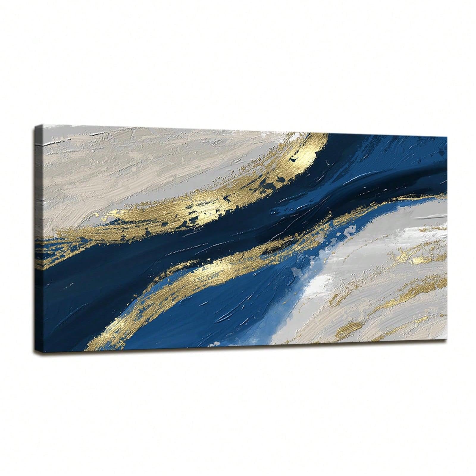 Modern Abstract Canvas Wall Art Blue Gold Picture Canvas Print Painting Picture for Living Room Bedroom Office Wall Decor 50x100cm(20x39in) Withframe