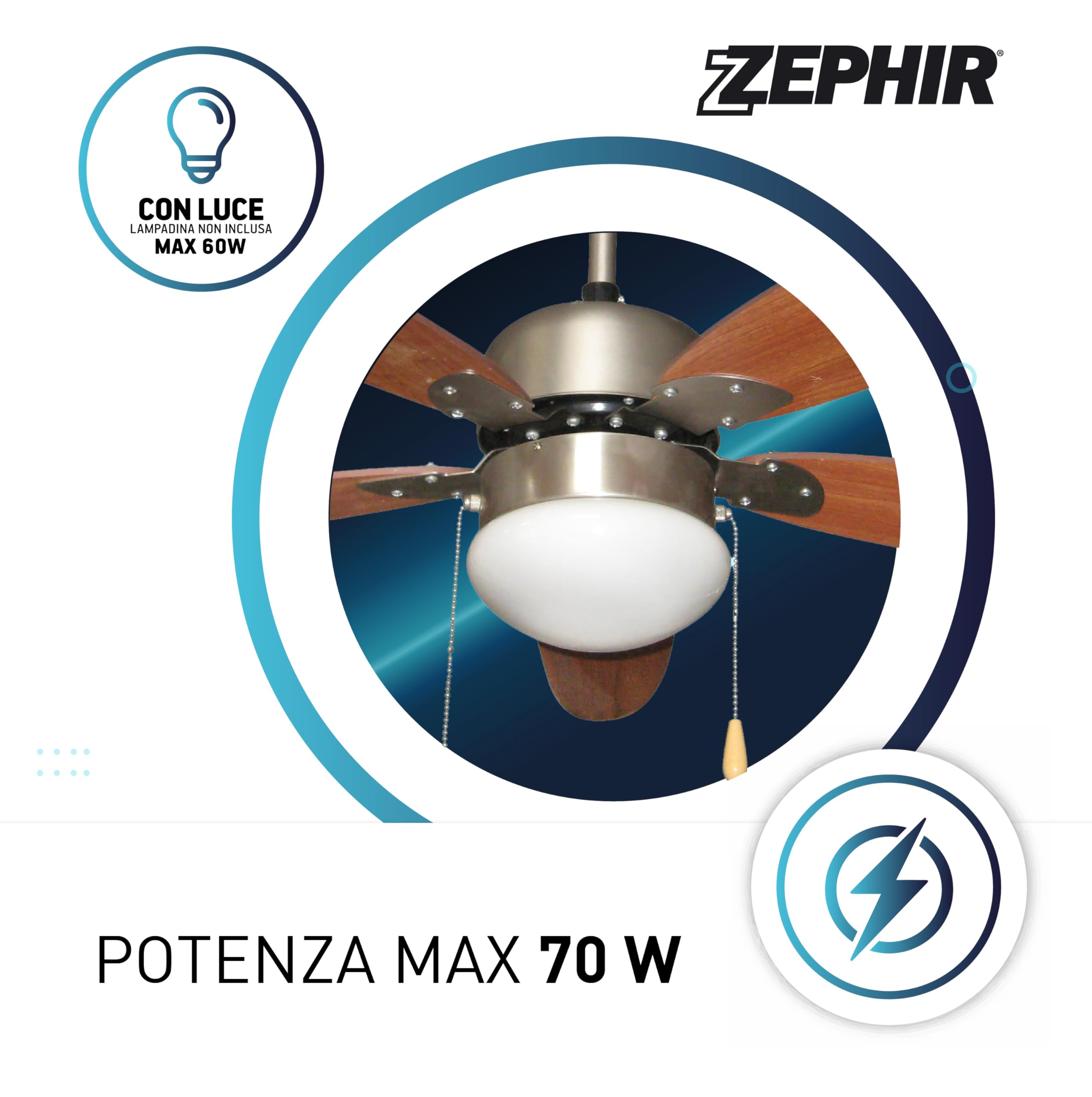 Zephir ZFS9110M Ventilatore da Soffitto con Lampada, Marrone, a risparmio energetico, 230v, 50hz, ferro, legno