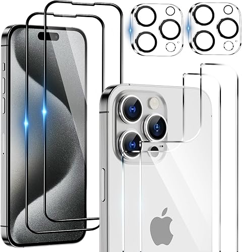 Protector de pantalla 6 en 1 para iPhone 15 Pro Max, paquete de 2 protectores de pantalla trasera para iPhone 15 Pro Max con 2 protectores de lente