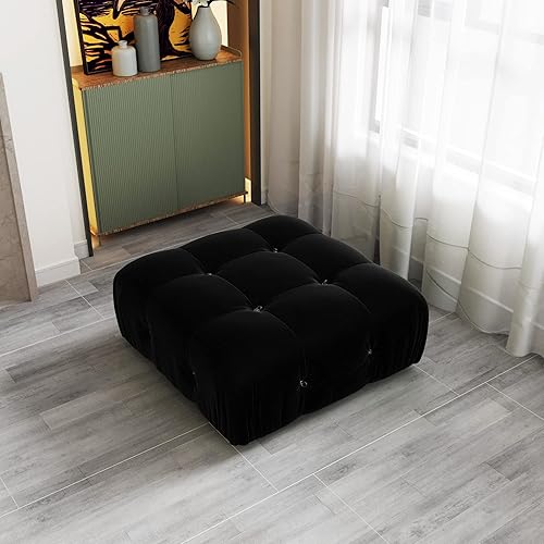 Modern Velvet Sectional Sofa, L Shape Minimalist Modular 4-Seater Sofa for Living Room Office Apartment (Ottoman/Black)