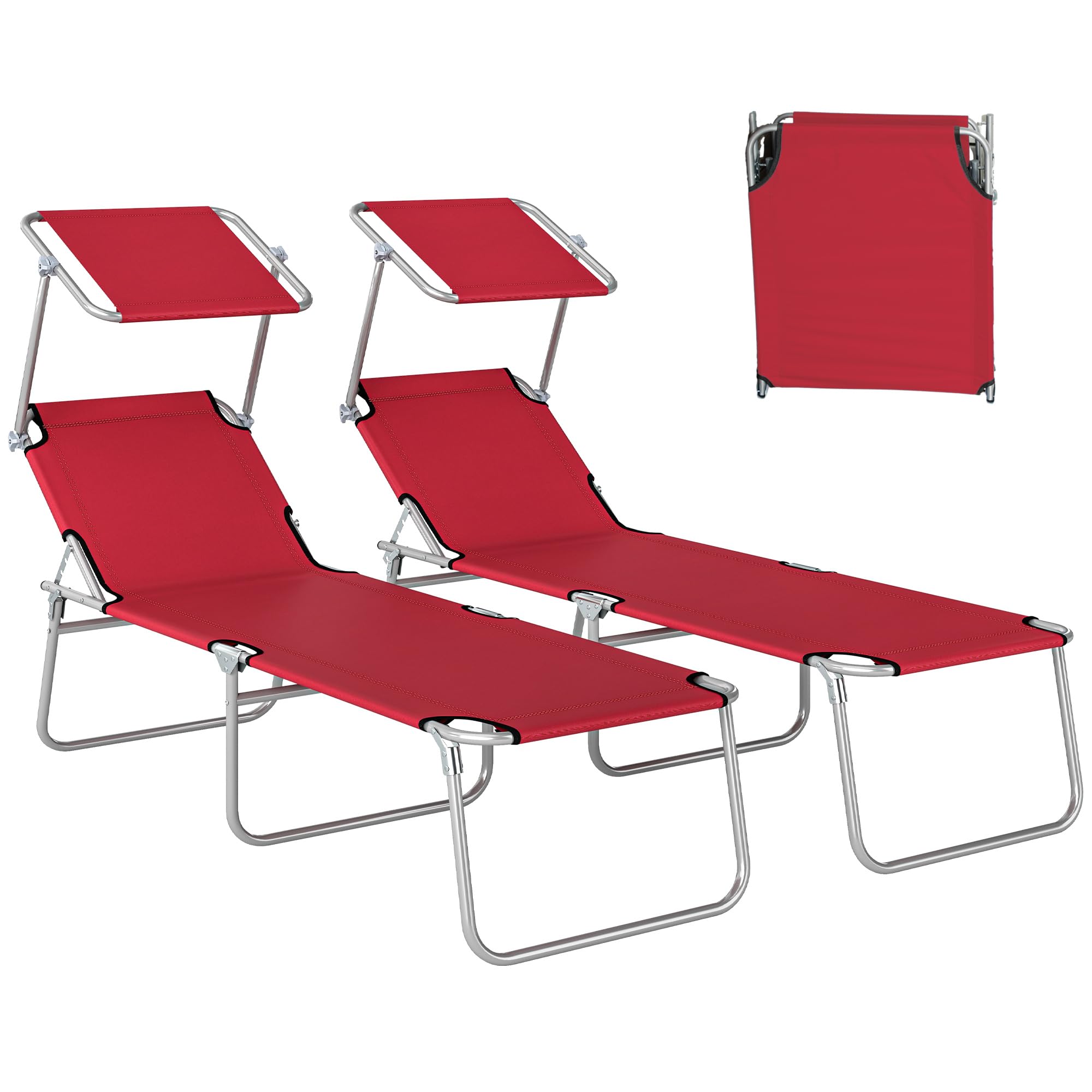 Outsunny Folding Sun Lounger Set of 2 with Canopy, Reclining Sunbed with 4-Position Adjustable Backrest, 600D Oxford Cloth, Portable Garden Lounger Recliner Chair for Beach, Camping, Patio, Red
