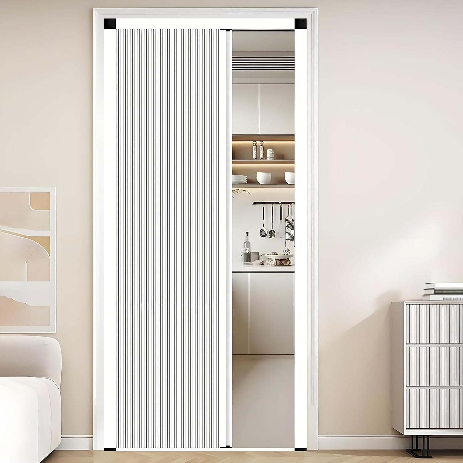 Interior Accordion Door 27x78in, White Aluminum Frame Retractable Folding Door, Low Track Design for Office Living Room Bedroom Bathroom
