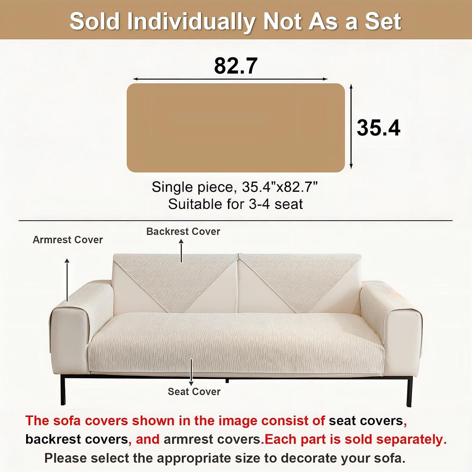 Waterproof Couch Cover, Chenille Sofa Cover Washable, Non Slip Sectional Couch Covers for 3 Cushion, Pet Friendly Sofa Slipcovers for L Shaped Furniture Protector(White,35.4"x82.7",1PC)