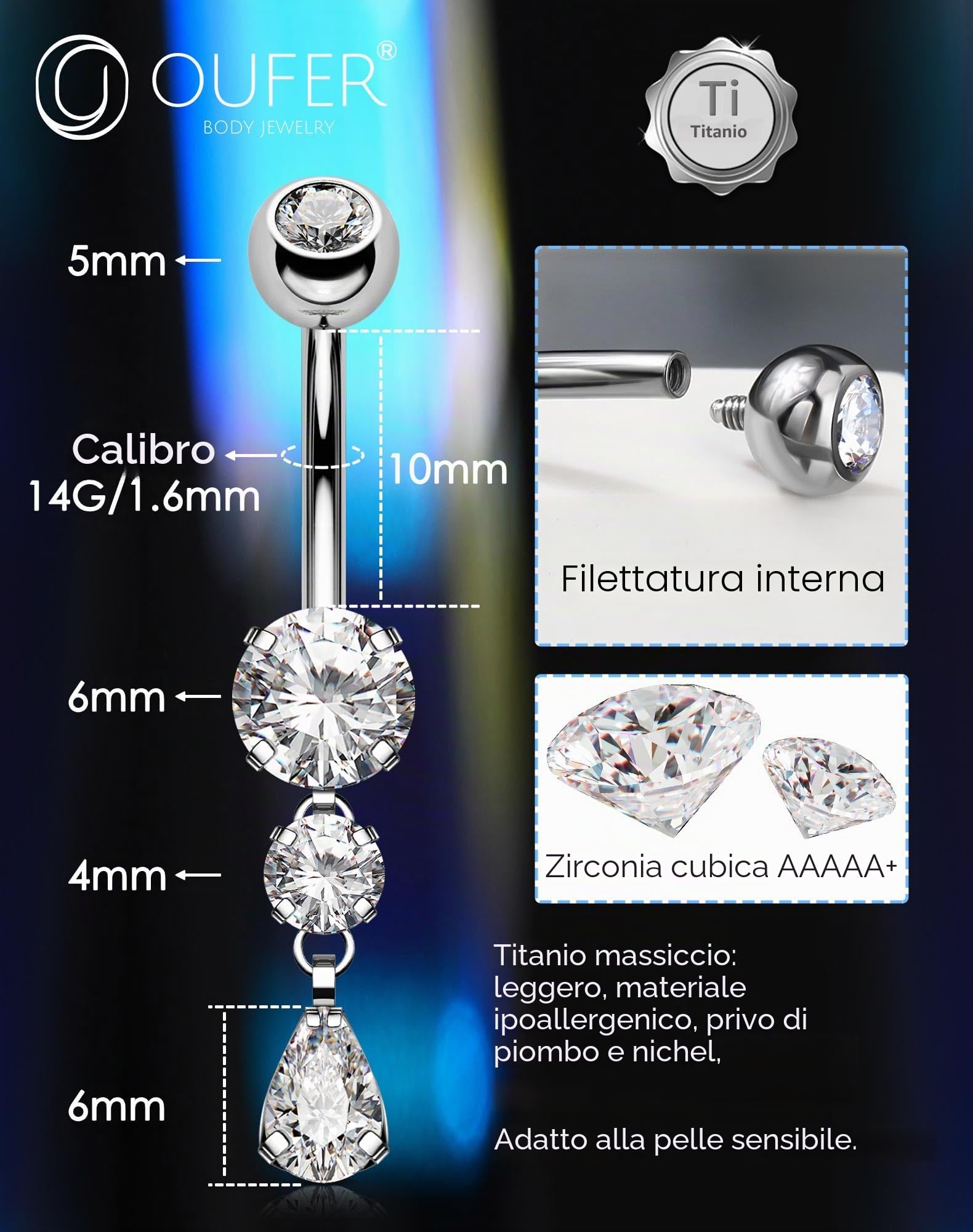 OUFER Body Piercing Internally Belly Bars Titanium Navel Piercing Bars Jewellery 14G Belly Button Bars Teardrop Dangle Navel Belly Button Ring