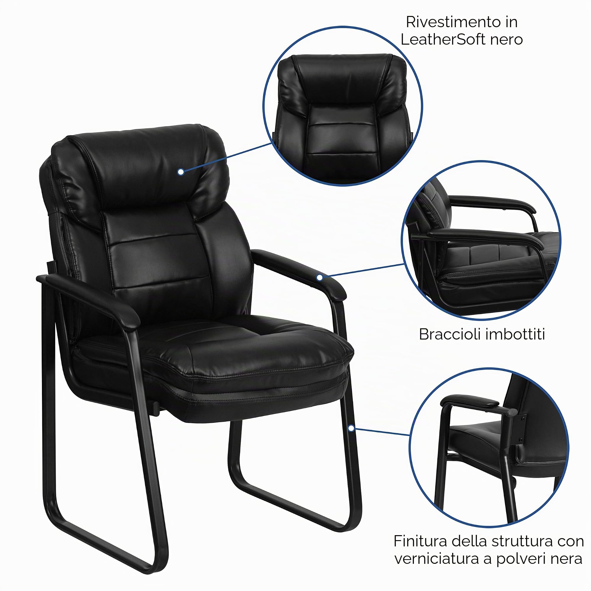 Flash Furniture Sedia reception direzionale, imbottitura parziale, con supporto lombare e base a slitta, ecopelle nera, set da 1 pezzo