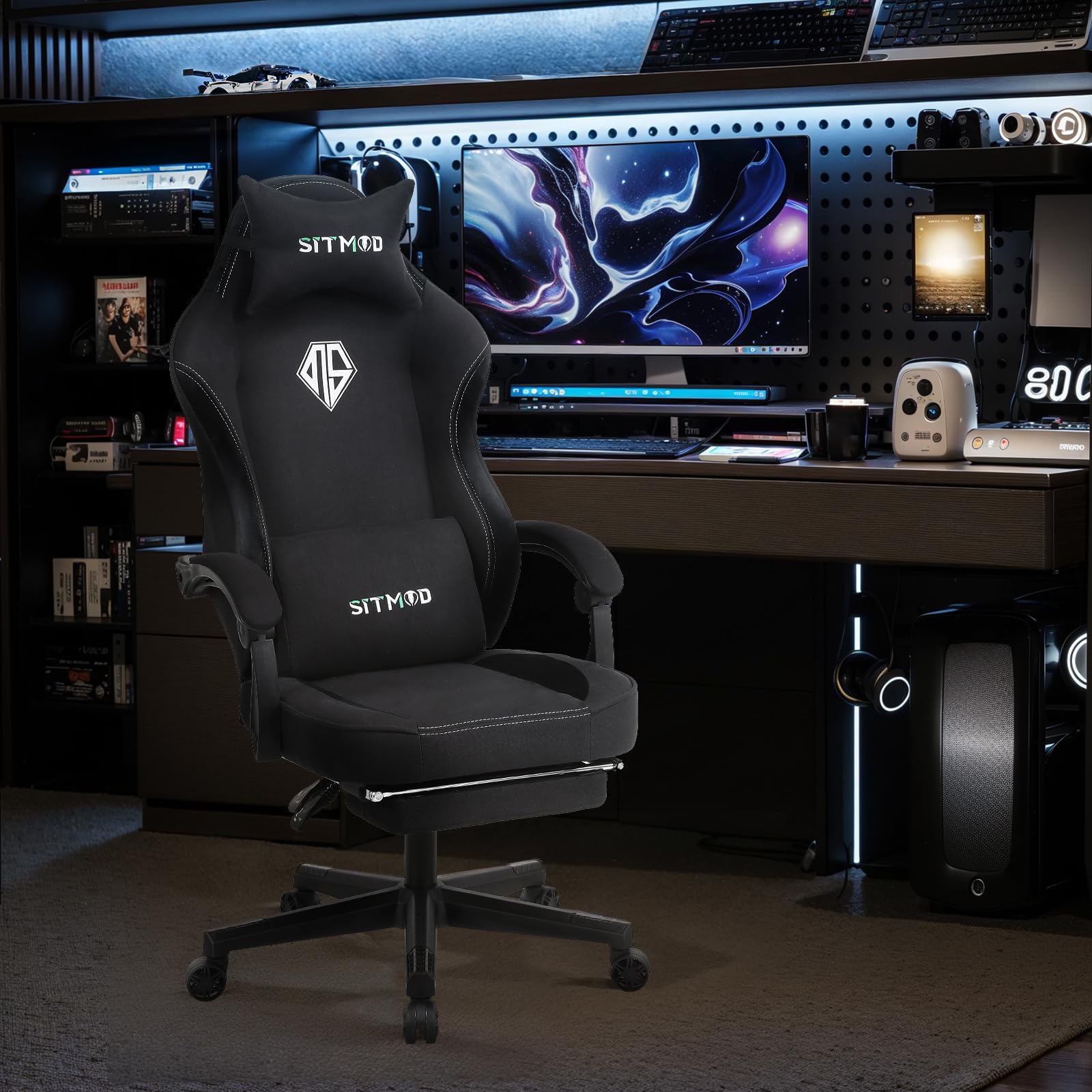 SITMOD Sedia da gioco,con poggiapiedi, sedia per PC con poggiatesta e cuscino lombare, girevole a 360 gradi, in tessuto regolabile in altezza(NERO)