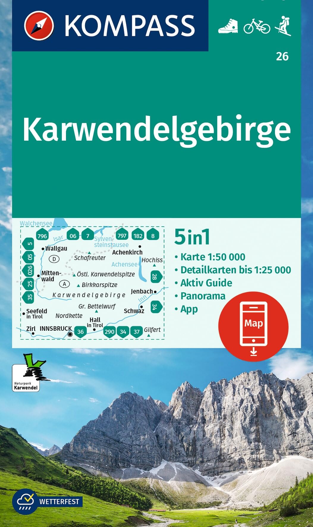 KARWENDELGEBIRGE K26 1:50,000: 5-in-1 hiking map with activity guide, 1:25000 scale maps and panorama, including offline map