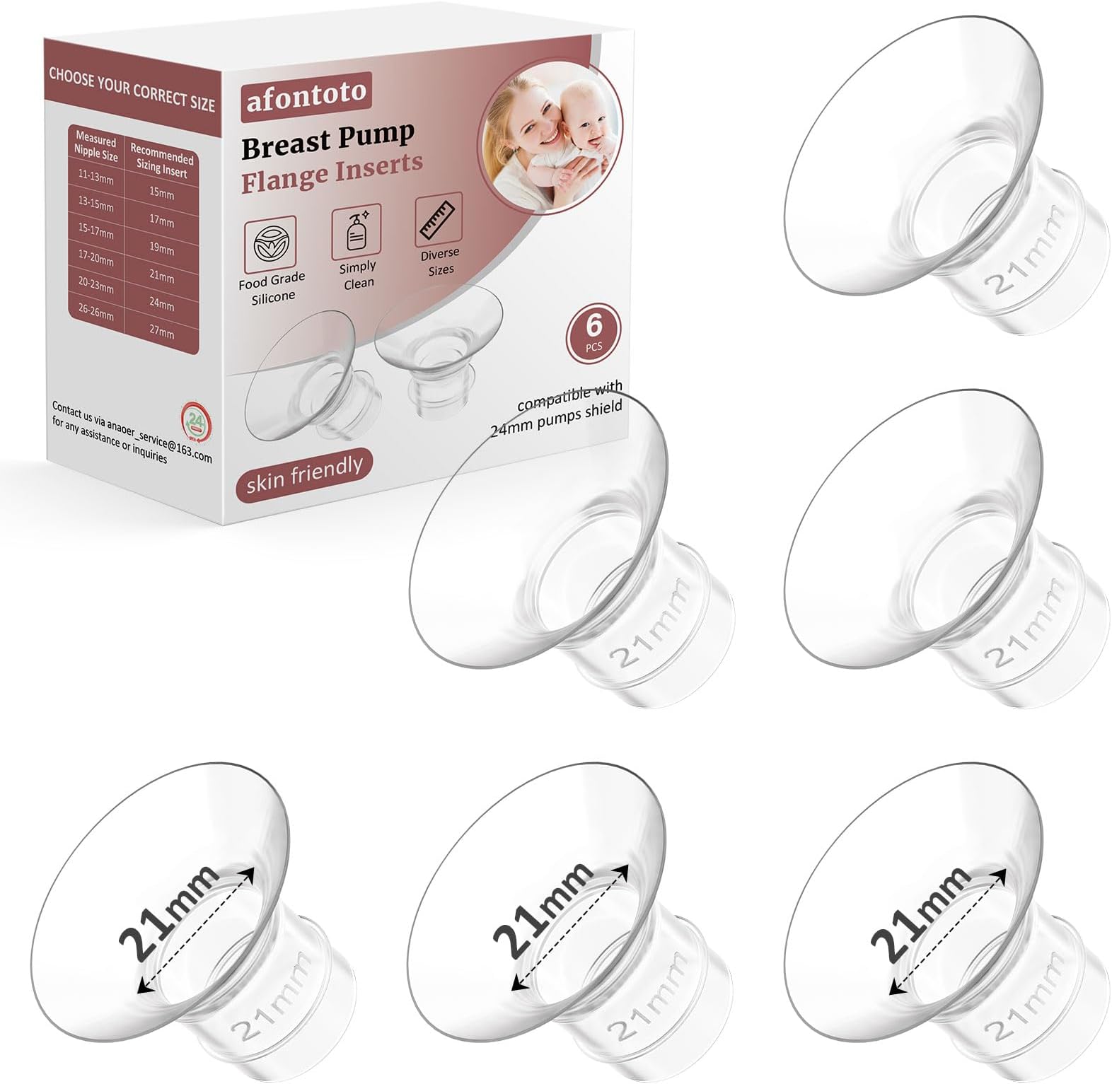 Flange Inserts 21mm for 24mm Flanges/Shields of Pumps, Softer Silicone Flange Insert Compatible with Momcozy/Spectra/eufy/Medela/TSRETE Breastpump, Replacement Pump Parts Flanges Sizing Kit, 6PCS-21mm