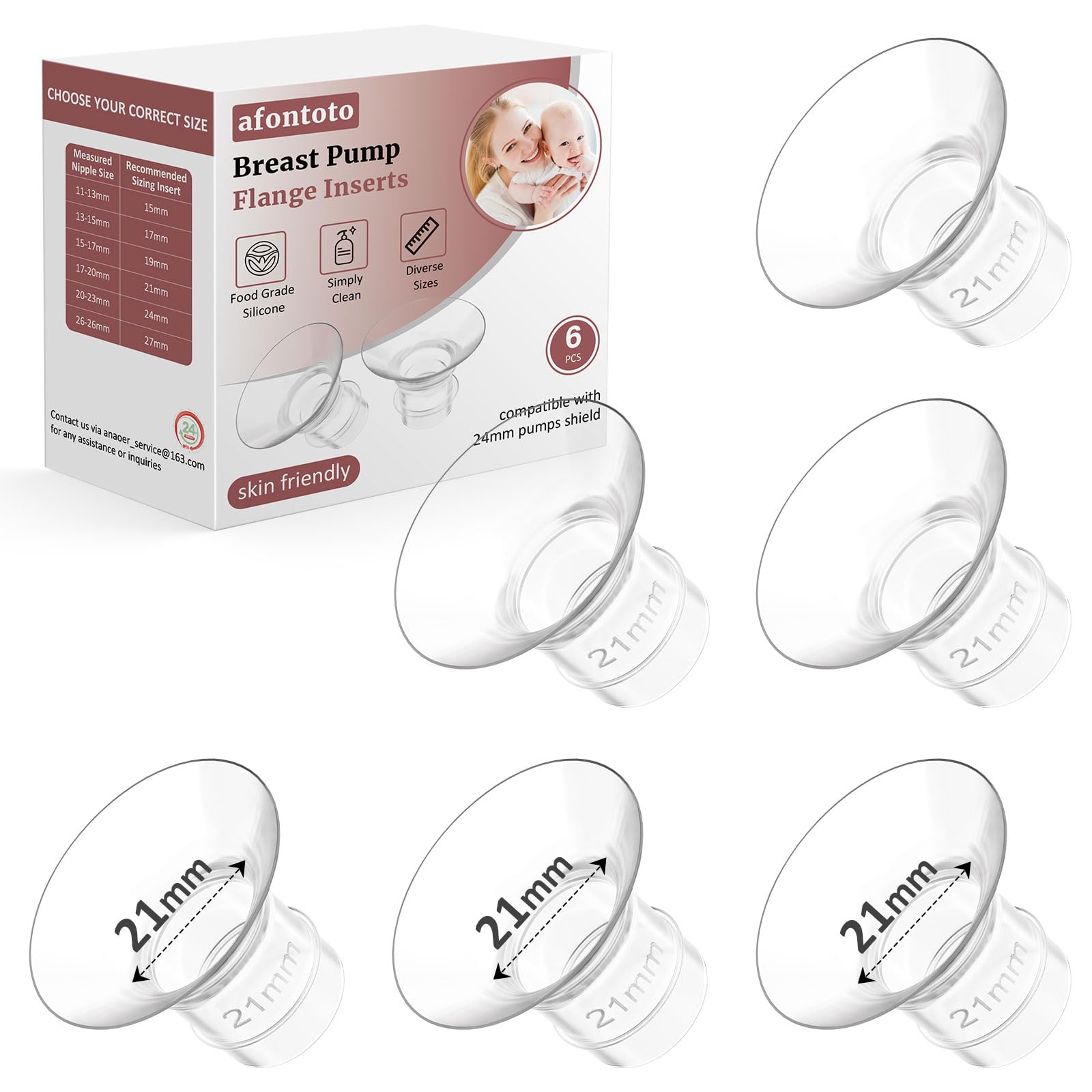 Flange Inserts 21mm for 24mm Flanges/Shields of Pumps, Softer Silicone Flange Insert Compatible with Momcozy/Spectra/eufy/Medela/TSRETE Breastpump, Replacement Pump Parts Flanges Sizing Kit, 6PCS-21mm