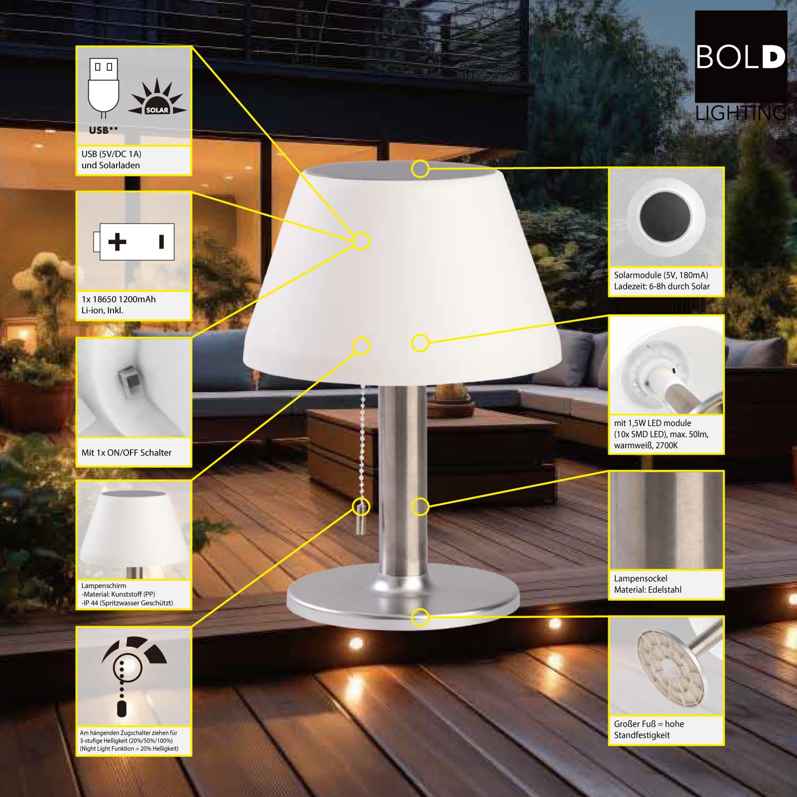 BOLD Lampada da tavolo a LED a batteria da esterno/lampada da tavolo a LED, senza fili, per esterni (connettore USB-C + solare, batteria fino a 6 ore, IP44, dimmerabile a 3 livelli e luce notturna)