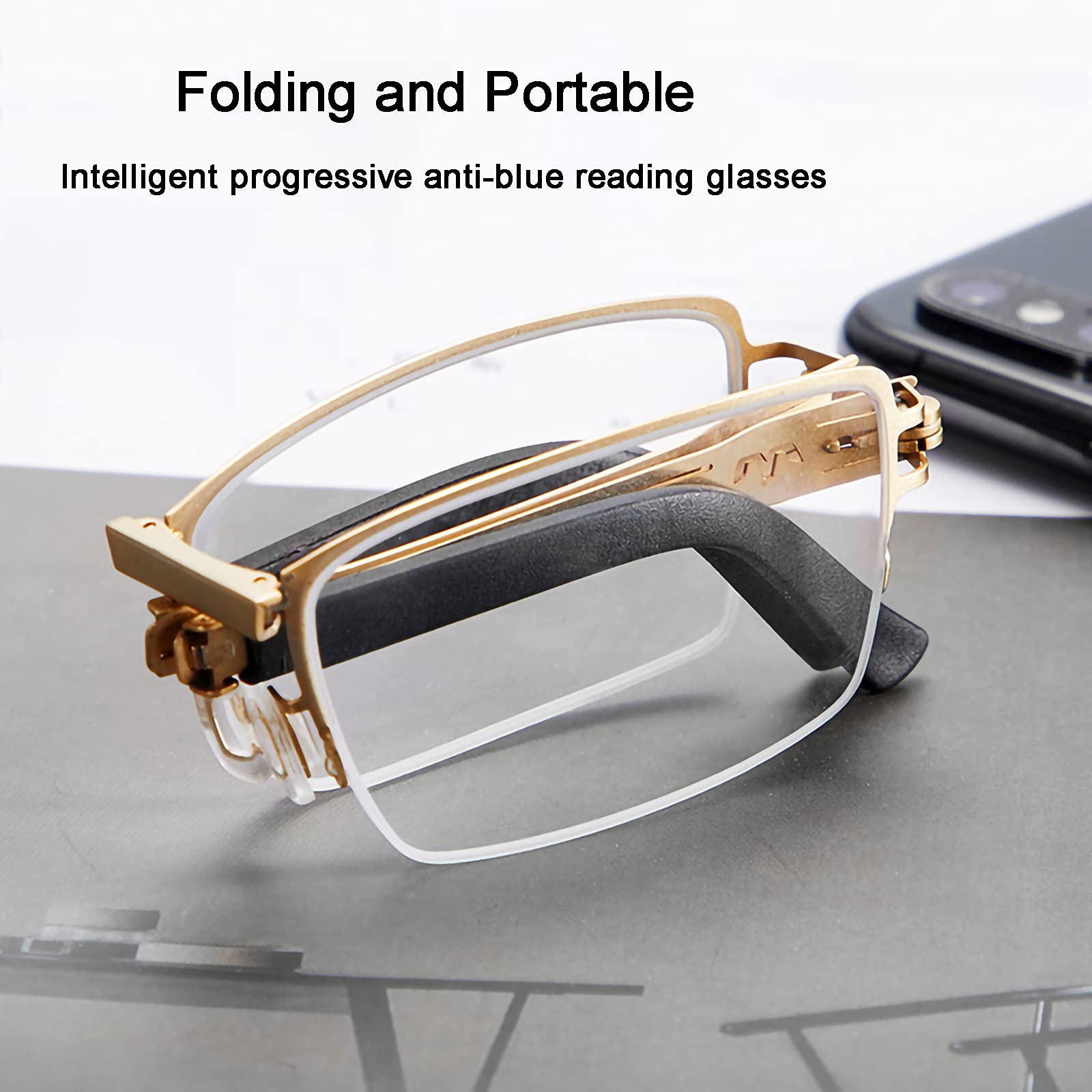 Progressive multifokale Lesebrille, faltbar, Blaulichtblockierende Computerbrille, tragbare, leichte Übergangs-Lesebrille, Gold, +1,00 (Gold 2,5)
