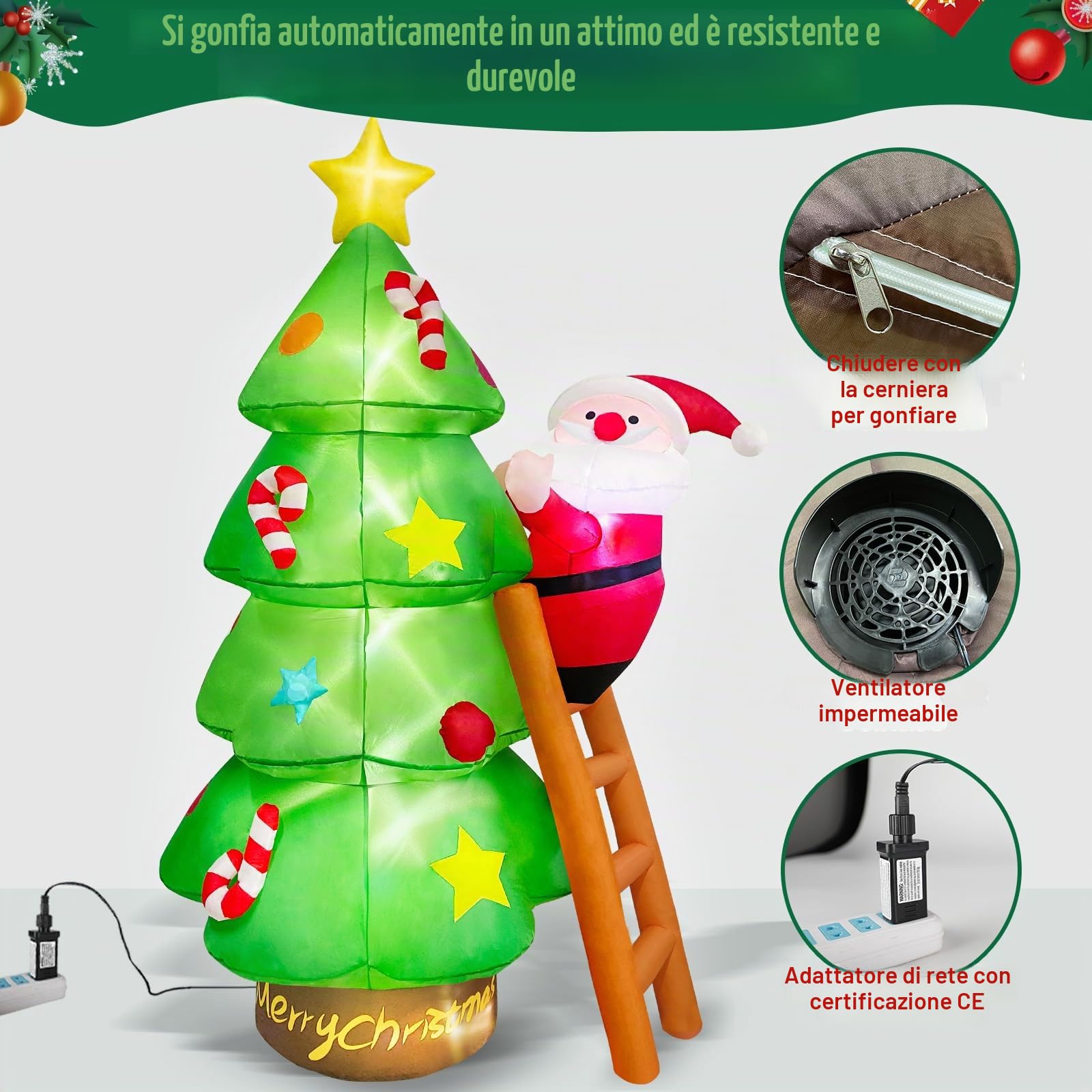 2,13M Albero di Natale Gonfiabile con Babbo Natale Decorazioni per Esterni