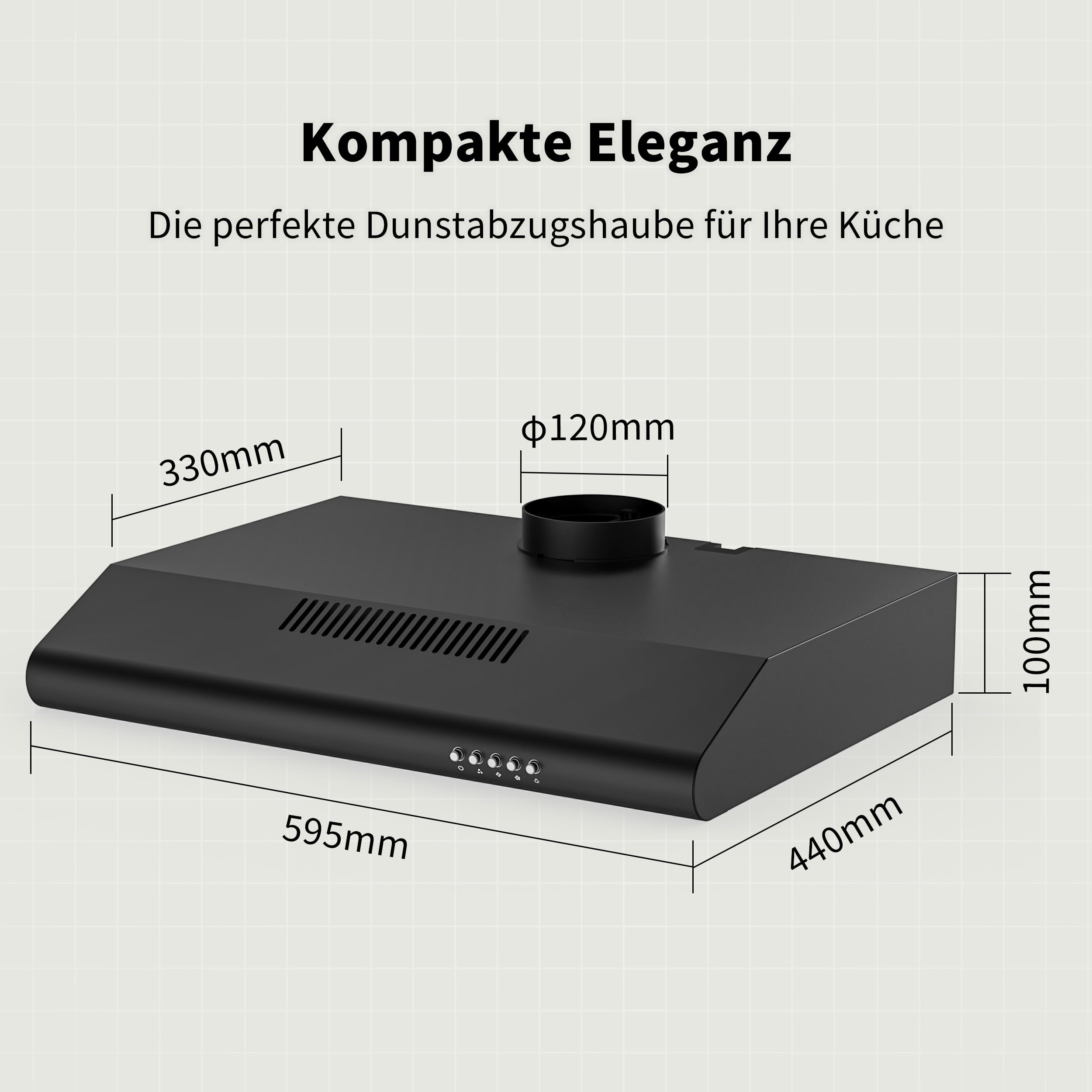 FIREGAS Dunstabzugshaube 60 cm, Umluft- und Abluftbetrieb, 250 m³/h, 3 Leistungsstufen, inkl. Kohlefilter, LED-Beleuchtung, Schwarz