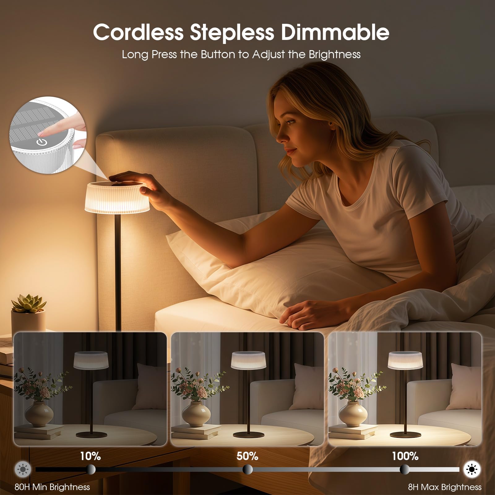 Lámpara de Mesa LED Inalámbrica 2 Piezas, Lamparas de Mesa Recargable con Batería 4000 mAh, Solar y USB-C, Regulable Táctil 3 Temperaturas, IP65 Lámpara Solar Exterior Terraza Jardín Dormitorio