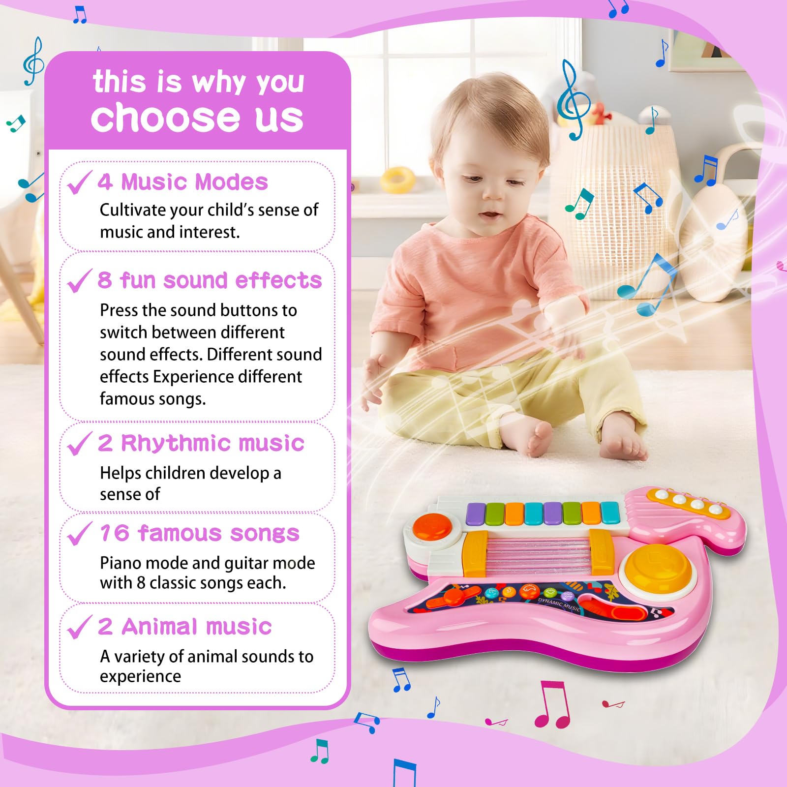 Chitarra Giocattolo Musicale per Bambini, 4 Modalità di Gioco, Strumento Musicale Giocattolo Multifunzione con Canzoni,Luce e Cinghia,Strumenti Musicali per Bambini, dai 12 Mesi+