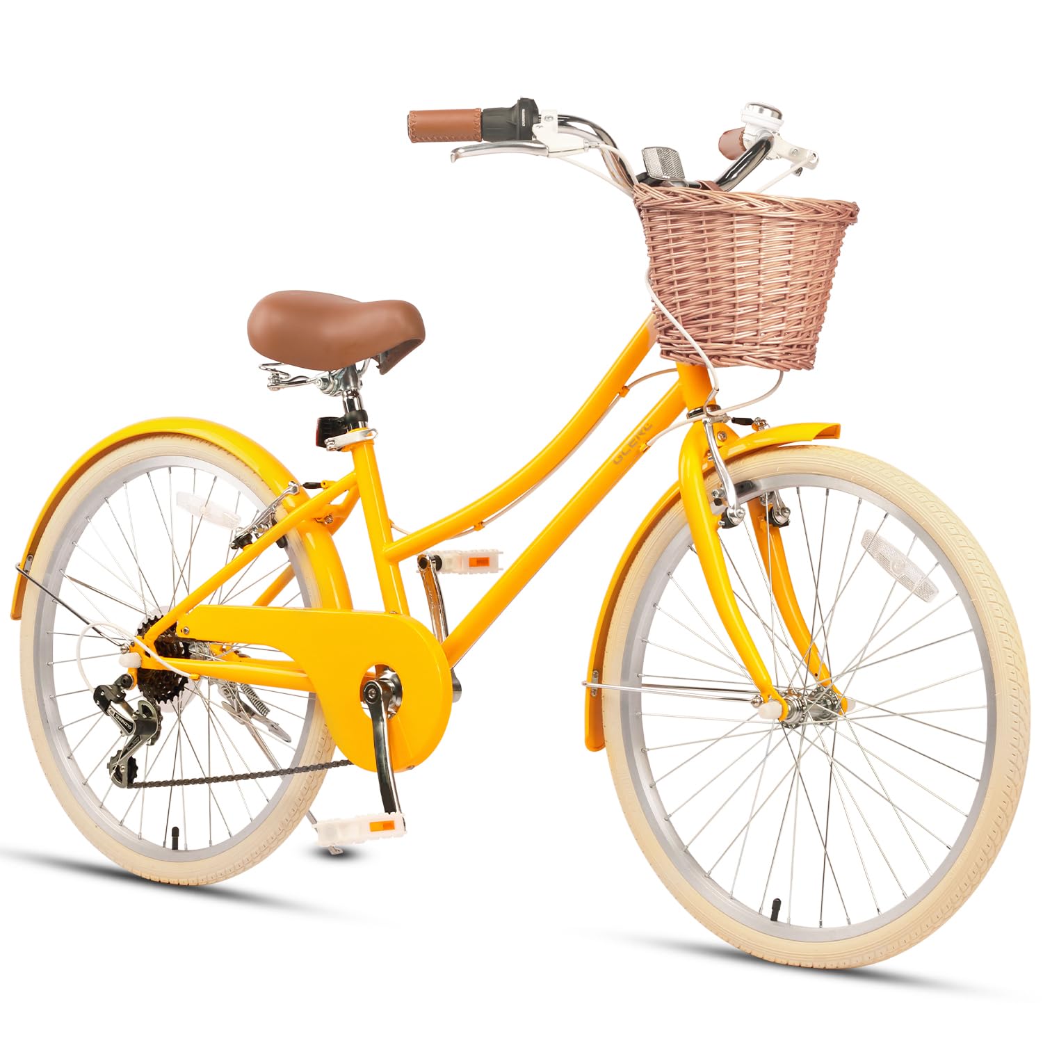 Glerc 20 24 26 Inch Beach Cruiser Bike, 6-Speed Hybrid City Bicycle for Girls Youth and Over 6 Years Old, Missy Bike with Wicker Basket & Lightweight, Multiple Colors