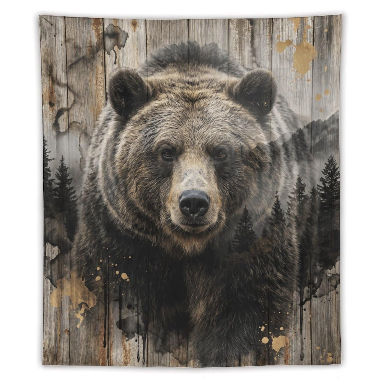 W7C8U2X3 Brown Bear Mountain Forest Wall Tapestry, Quiet Nature