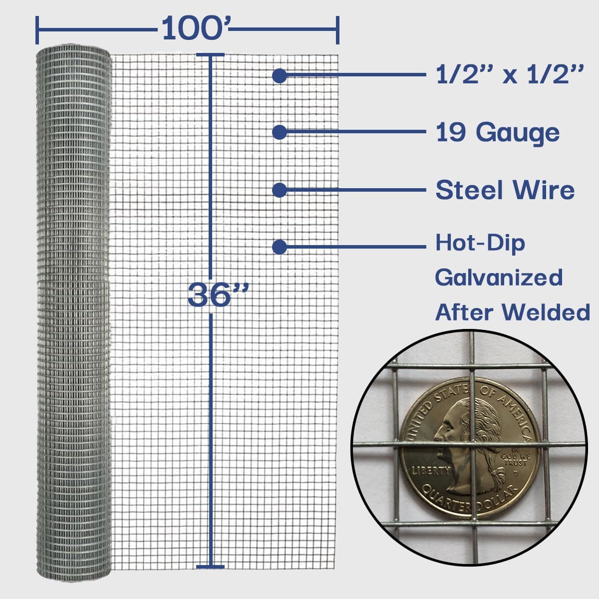 Hardware Cloth Roll 1/2 in. x 3 ft. x 100 ft. 19-Gauge, Chicken Wire Mesh Roll, Chicken Wire Fencing, Wire Fence Roll, Welded Wire, Garden Fence, Tree Fence, Rodent Mesh, Gopher Guard 1/2'' x 36'' x 100'