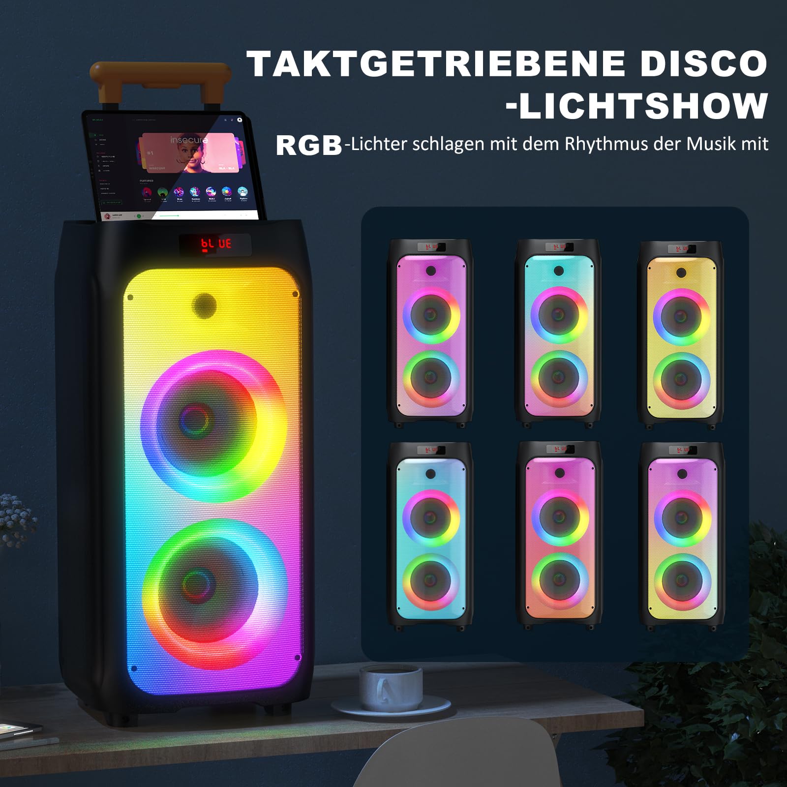 JYX Karaoke Anlage mit 2 drahtlosen Mikrofonen, Bluetooth Party Lautsprecher mit Rädern, Disco Lichtern und Subwoofer, 500W PA System für Party, Outdoor und Karaoke, TWS/SD/USB/AUX/Rec