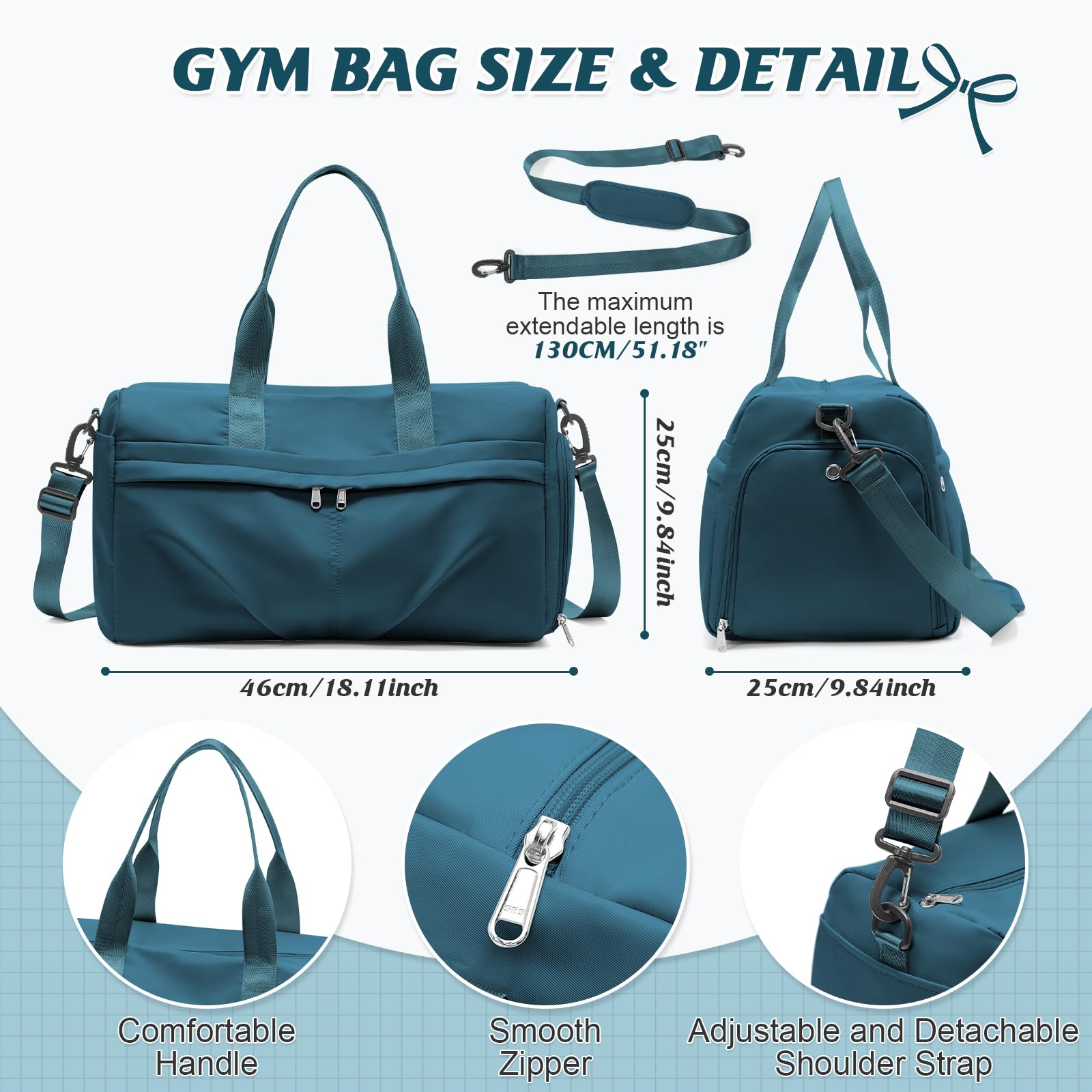 HYC00 Borsone Palestra Uomo Donna Borsa Sportiva Borsone da Viaggio Sportivo Borsa da Weekend Palestra Grande per Donna Impermeabile Duffel Bag Sport with Tasca Asciutta e Bagnata e Scarpe,Blu Pavone