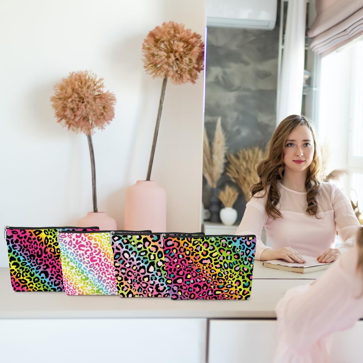 4 Pack Rainbow Leopard Print Makeup Bag Cosmetic Bags,Leopard Decor Gifts for Women Cheetah Lovers Daughter Girl Friend Niece Bestie Nurse Mom Appreciation Birthday Christmas Waterproof Toiletry Bag - Image 3