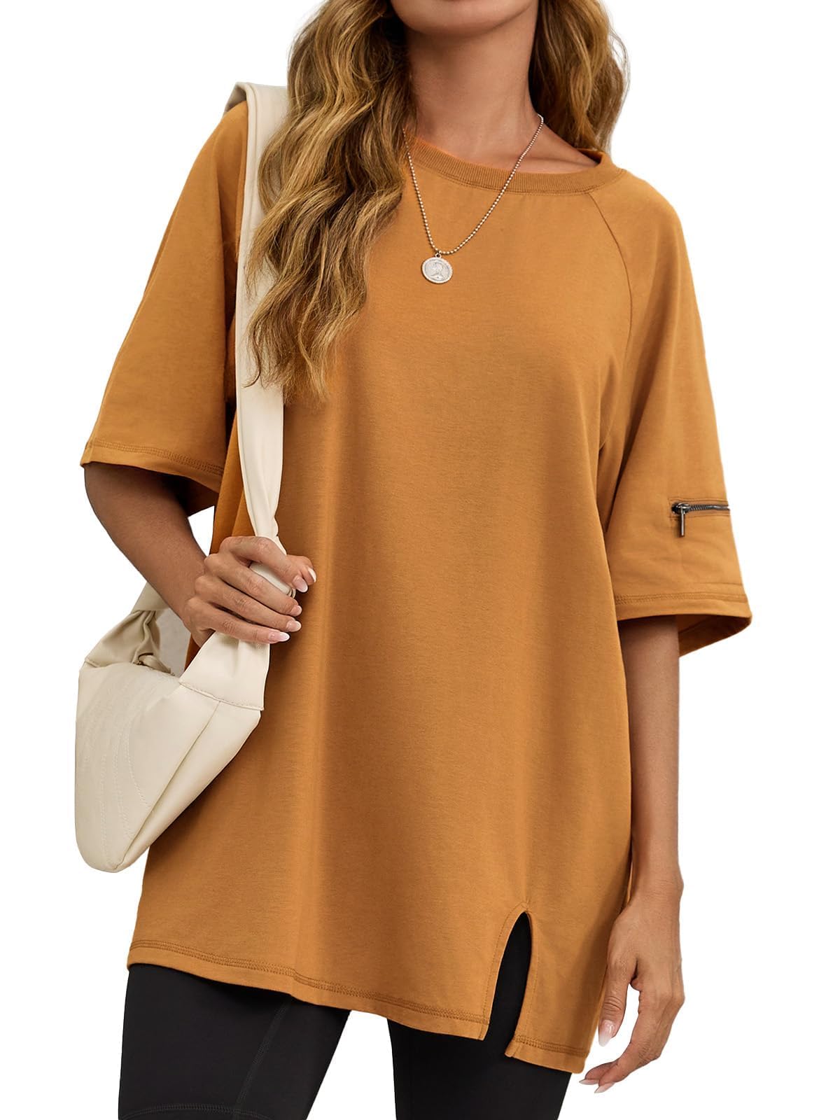 Tankaneo Camisetas de entrenamiento de gran tamaño para mujer, dobladillo dividido, raglán, manga corta, para verano, casual, holgada
