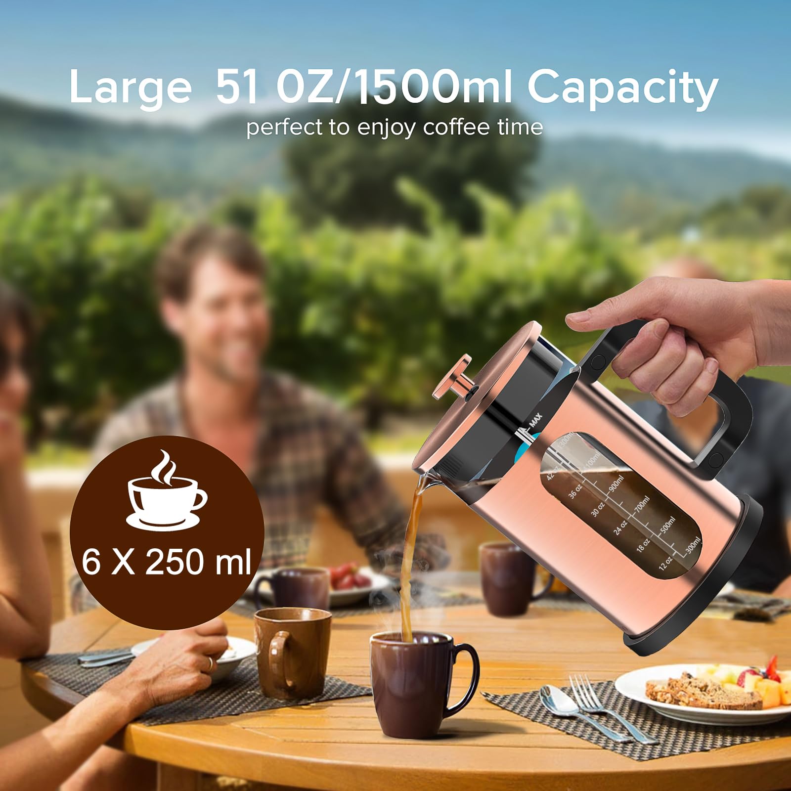 QUQIYSO Cafetera de prensa francesa de acero inoxidable 304 de 50 onzas, prensa francesa con 4 filtros, prensa de café de vidrio de borosilicato, cobre