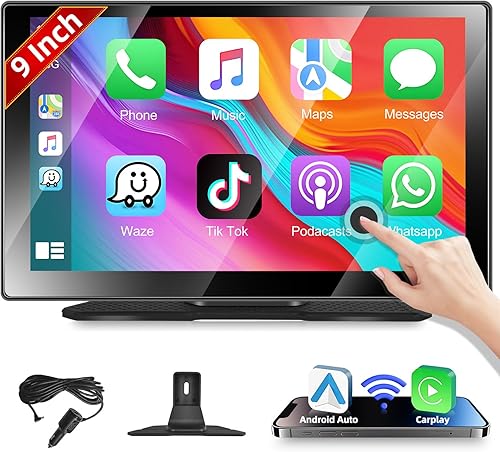 Podofo Radio estéreo portátil para coche con pantalla táctil HD de 9 pulgadas, Apple Carplay y Android Auto, Bluetooth, transmisión FM, enlace