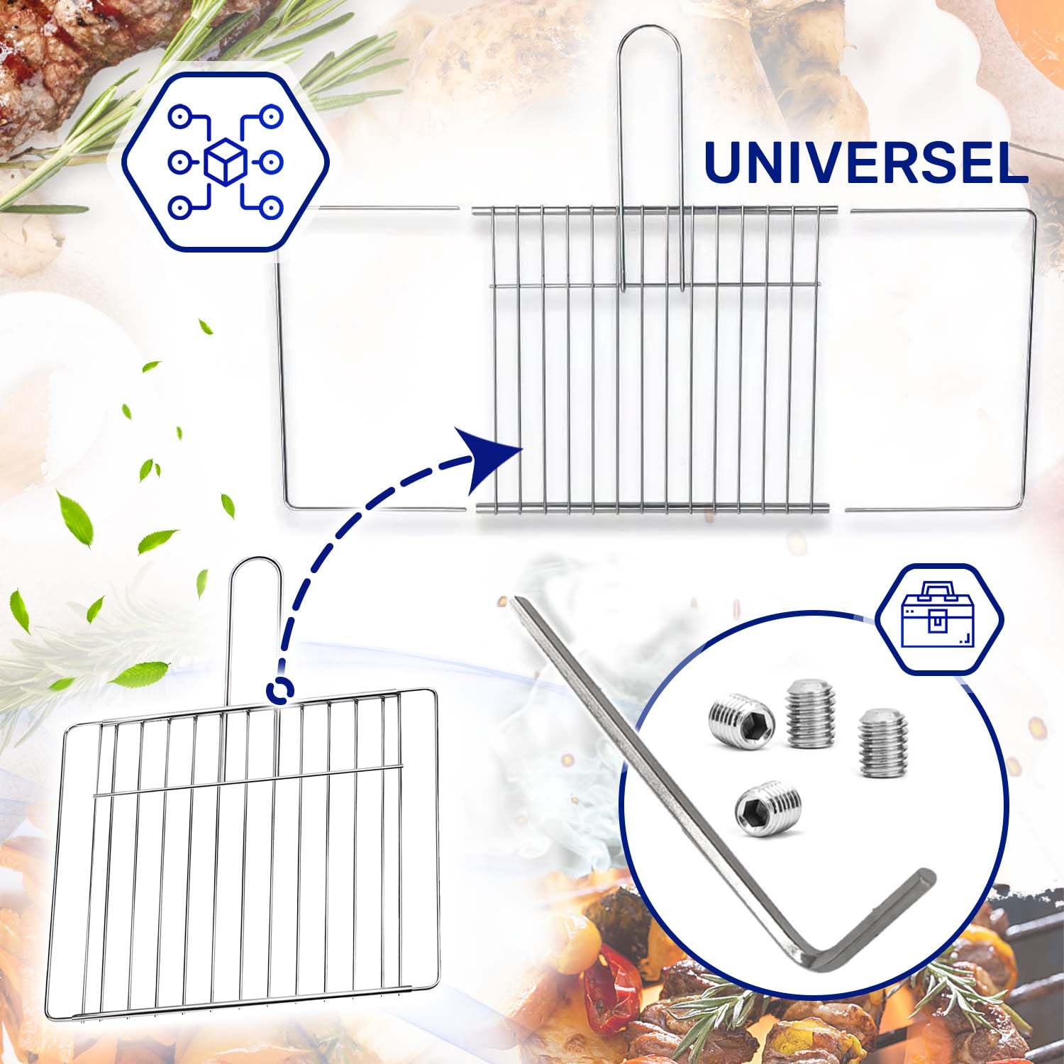 Grille de barbecue coulissante de 38 cm à 64 cm x 32 cm en acier inoxydable chromé et équipée de vis à tête fraisée et clé de montage – Fabriqué en Italie – Garantie 10 ans MONTERAL