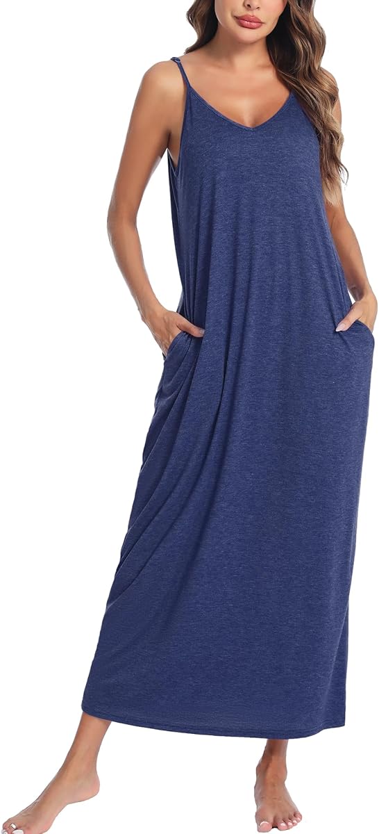 Marvmys Camisón largo de algodón sin mangas para mujer con bolsillos | Vestidos de noche con tirantes finos, cuello en V suelto, vestido de salón de longitud completa para dormir, descansar, uso informal, vacaciones, hogar, junto a la piscina