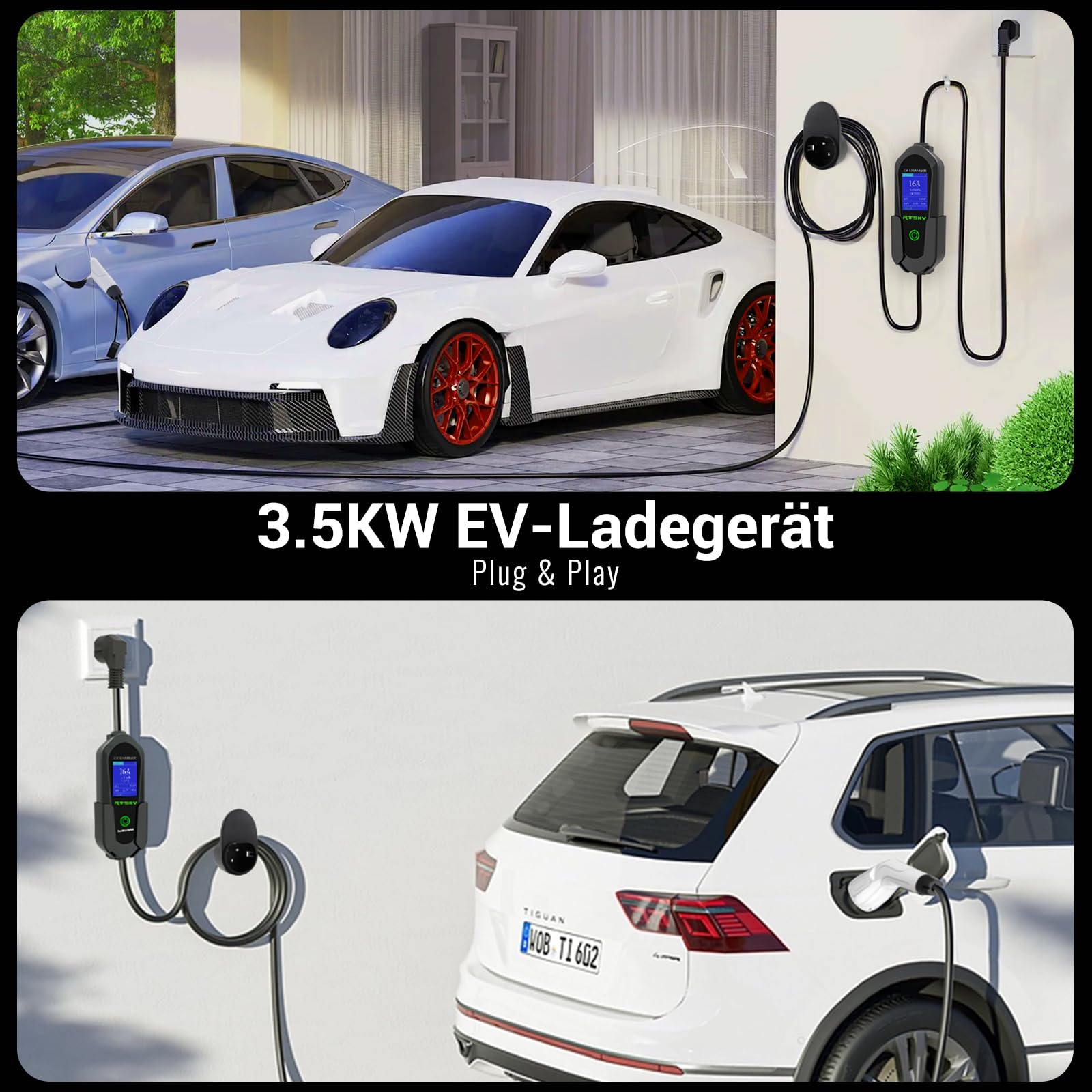 3,68kW Typ 2 Ladekabel Schuko 5M, 1-phasig 8-16A Einstellbar mit LCD Digitalanzeige, Tragbares Elektroauto Ladegerät für Tesla, ID.3, ID.4, BMW, Audi, Hyundai und andere PHEV/EV
