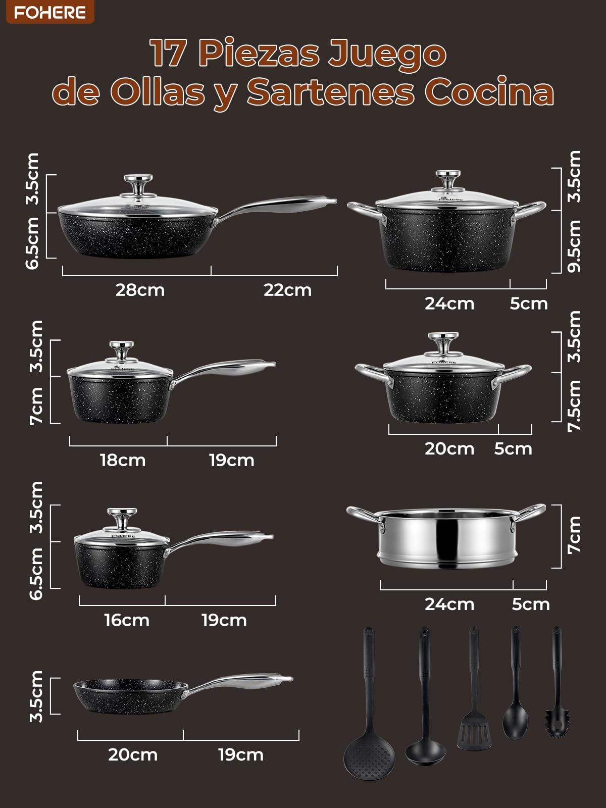 FOHERE Juego de Ollas y Sartenes Cocina Cerámicas Antiadherentes 17 Piezas | Batería de Cocina Aluminio, Apto para Inducción, Horno y Lavavajillas